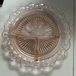 OLD COLONY Pink Depression Glass 10 1/4"  DINNER GRILL PLATES Open Lace 3-Sectio
